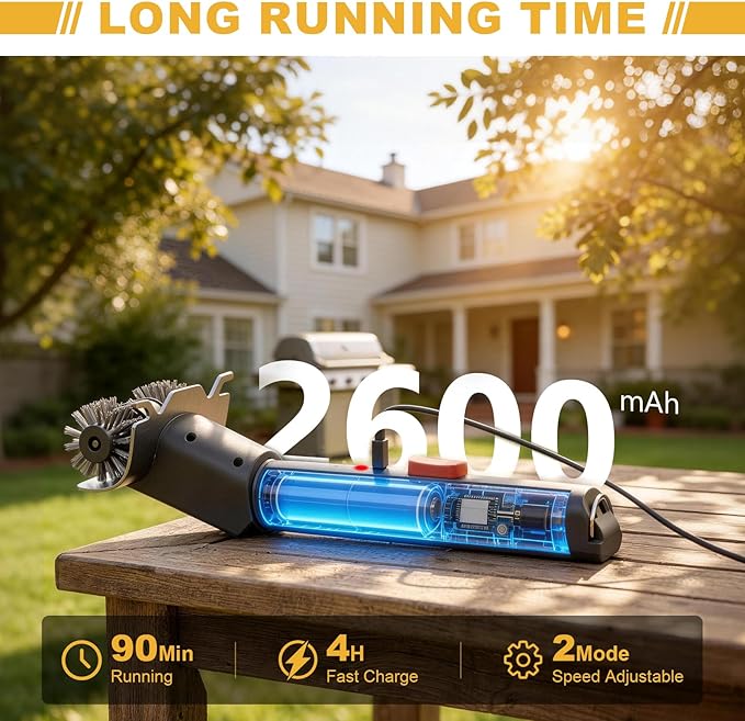 Electric Grill Brush, Cordless Rechargeable Grill Cleaner with LED Light & Water Spray, BBQ Cleaning Brush with 2 Speeds, 304 Stainless Steel Heat Resistant Grill Brush for Outdoor Camping & Grilling