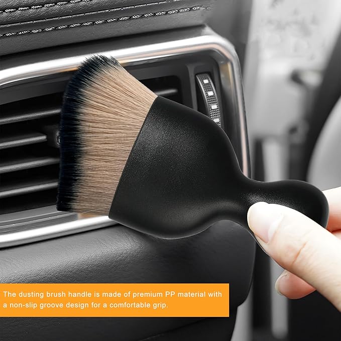 Car Interior Detailing Brush, Curved Car Interior Cleaning Brush with Ultra Soft Bristles & Dust Cover, Scratch-Free Auto Dusting Brushes for Dashboard AC Vent Leather (Brown & Black)