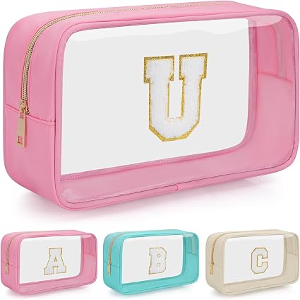 Initial Clear Makeup Bag, Birthday Gift Chenille Patch Cosmetic Bag