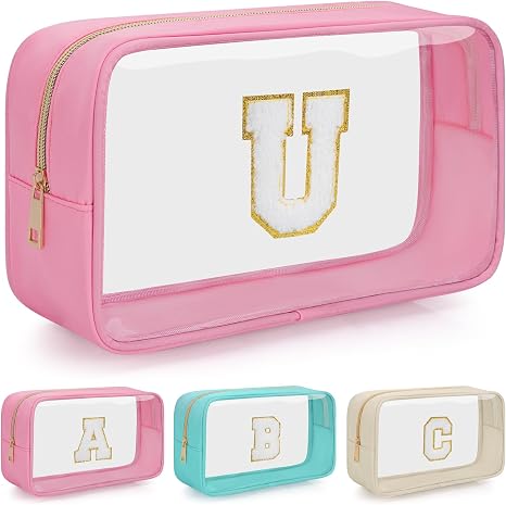 Initial Clear Makeup Bag, Birthday Gift Chenille Patch Cosmetic Bag