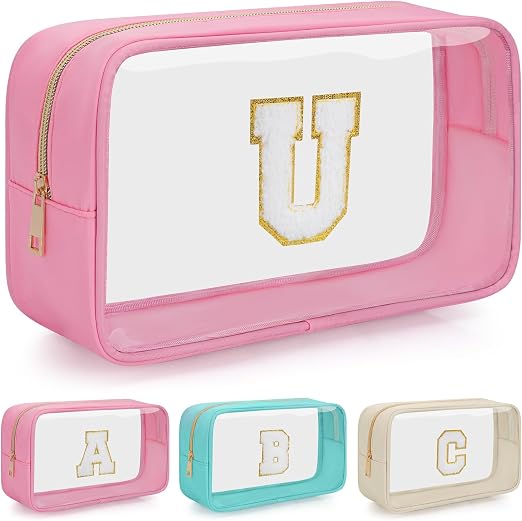 Initial Clear Makeup Bag, Birthday Gift Chenille Patch Cosmetic Bag