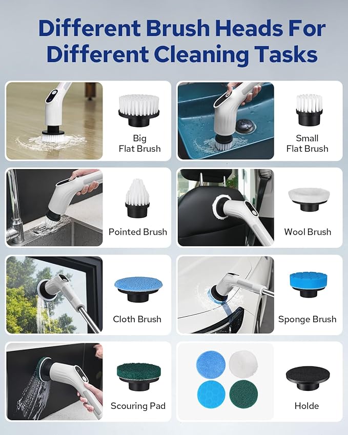 Benlari Electric Spin Scrubber for Cleaning Bathroom - Upgraded Dual Switch Cleaning Brush - IPX7 Waterproof Power Scrubber with 7 Brush Heads, Extended Handle and 2 Speeds for Shower Bathtub Floor