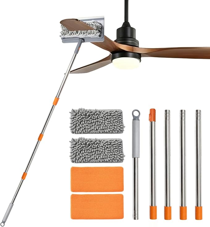 Ceiling Fan Cleaner Duster, 3-in-1 Fan Duster Cleaning Tool with 81'' Extendable Long Handle, Removable Chenille & Microfiber Mop Head Cleaner for Ceiling Fan Blade, Baseboard, Wall, Floor, Window