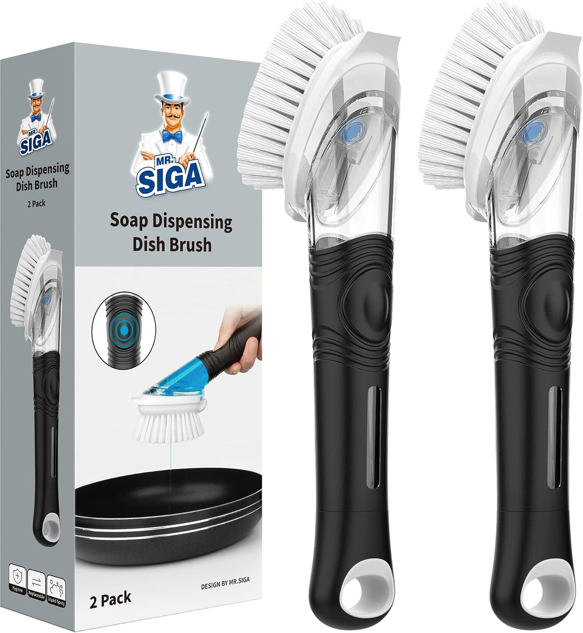 Soap Dispensing Dish Brush, Kitchen Brush for Pot Pan Sink, 2 Pack