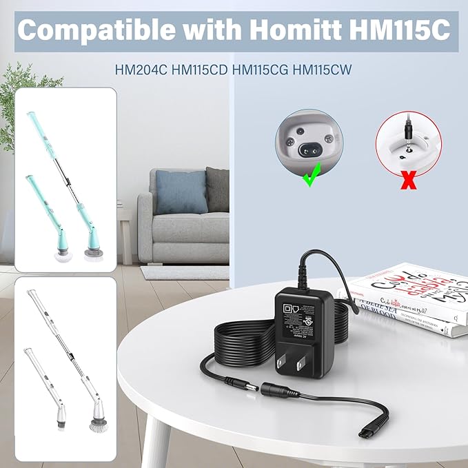 9V Scrubber Charger Fit for Homitt HM115C Electric Spin Scrubber, Power Cord AC Adapter for Homitt Cordless Bathroom Scrubber HM204C HM115CD HM115CG HM115CW Cleaning Brush, 2 Prong Charging Plug Cable