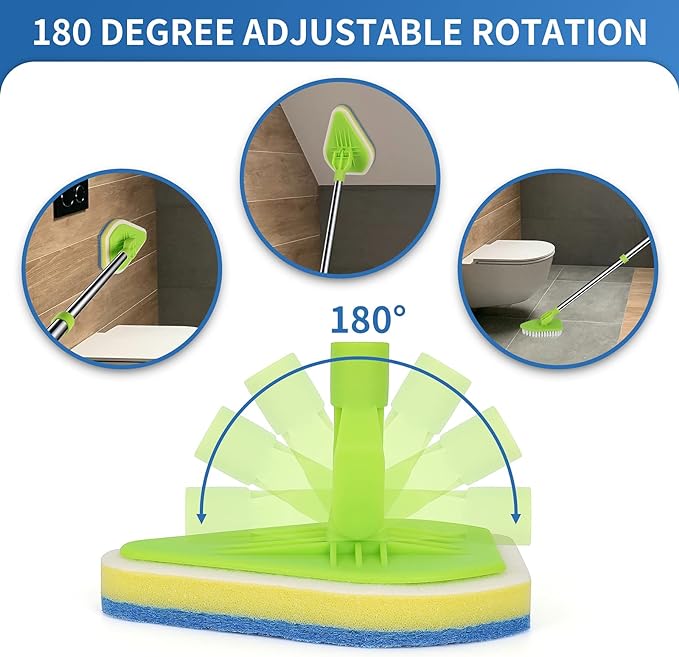 2 in 1 Scrub Cleaning Brush with 37” Long Extendable Handle,1 Stiff Bristle and 3 Sponge Brushes, Lightweigh Detachable Shower Scrubber for Cleaning Bathroom Shower Bathtub Glass Tile Floor