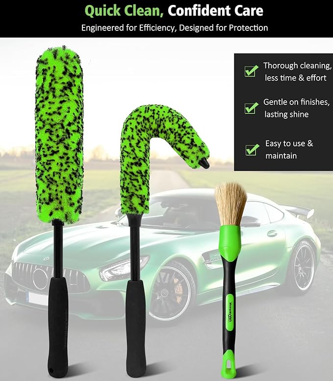 YeewayVeh 3PCS Quick Car Wheel Brush Kit, 2-Size 360° Bendale Rim Cleaner Brushes, Boars Hair Detailing Brush, Fast Scratch-Free Cleaning for Car Wheels, Motorcycle, Green