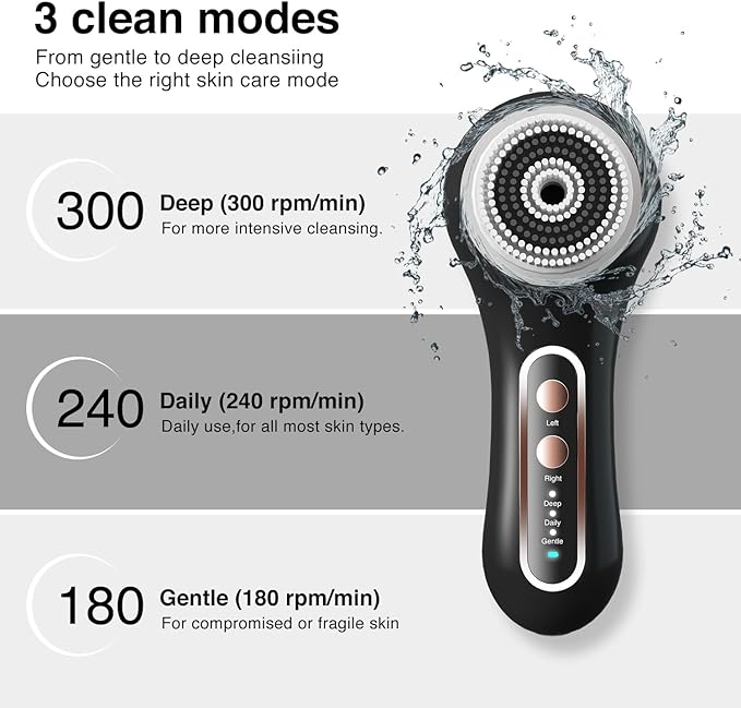 UMICKOO Electric Facial Cleansing Brush, 2-Way Rotating Face Scrubber for Daily & Deep Cleaning, 3 Modes, 5 Brush Heads, Rechargeable, IPX7 Waterproof for All Skin Types