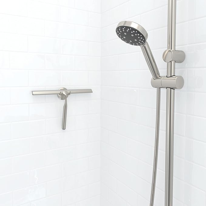 Better Living Deluxe XL Shower Squeegee, Multi-Purpose Silicone Squeegee Blade with Storage Hook, Rust-Proof Heavy Duty Window, Glass, Shower Scrubber, Windshield Wiper, 12", Brushed Nickel