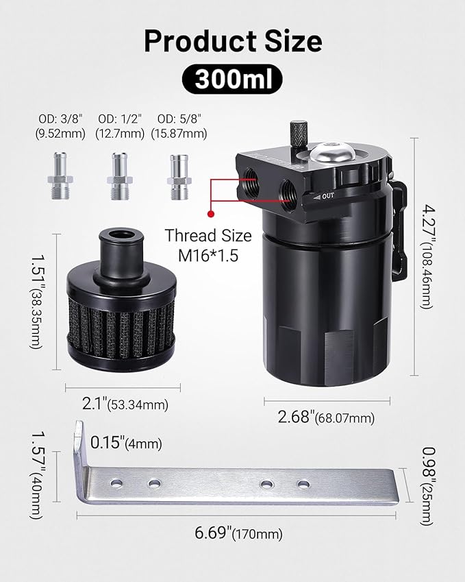 EVIL ENERGY Oil Catch Can, 300ML Baffled Oil Can with Breather Filter, Universal Aluminum Air Oil Separator Breather Tank with 3/8" ID 5FT NBR Fuel Hose Kit