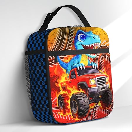 Dinosaur Lunch Box for Kids Boys Cute Dinosaur Car Reusable Insulated Lunch Bag for Toddler Thermal Cooler Tote for Scho