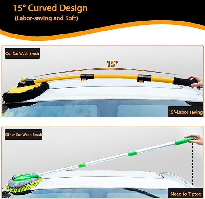 15° Curved Car Cleaning Brush with Telescopic Handle 43" Aluminum Alloy Long Rod Wash Mop For Washing Caravan Van Truck Boat RV Roof Soft Chenille Head Duster Clean Product Not Hurt Paint Scratch Free
