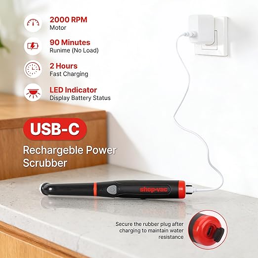 Shop-Vac Electric Spin Scrubber with 2000RPM Motor, 90Min Long Runtime with 5 Replaceable Head, LED Display and IPX6 Waterproof, Cordless Electric Scrubber for Cleaning Grout, Tile, Bathroom, Kitchen