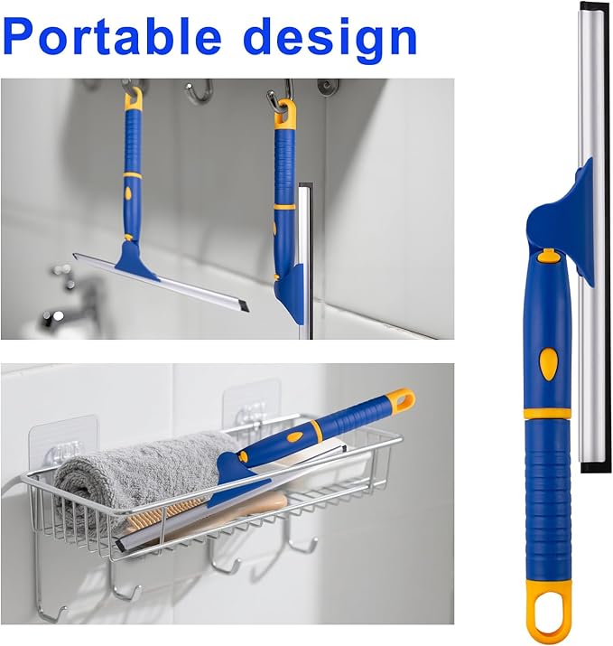 Swivel Shower Squeegee for Glass Doors, All-Purpose Anti-Slip Window Squeegee with 2 Blades, Window Cleaner Tool Bathroom Squeegee for Shower Doors, Tile Shower Walls，Mirrors,Car Windshields