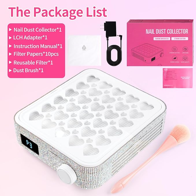 BQAN Nail Dust Collector Portable for Home & Salon - 4200RPM Vacuum with Reusable Filter, for Acrylic Drilling Dust Beginner Friendly Small Manicure Tool (White AB Rhinestones)