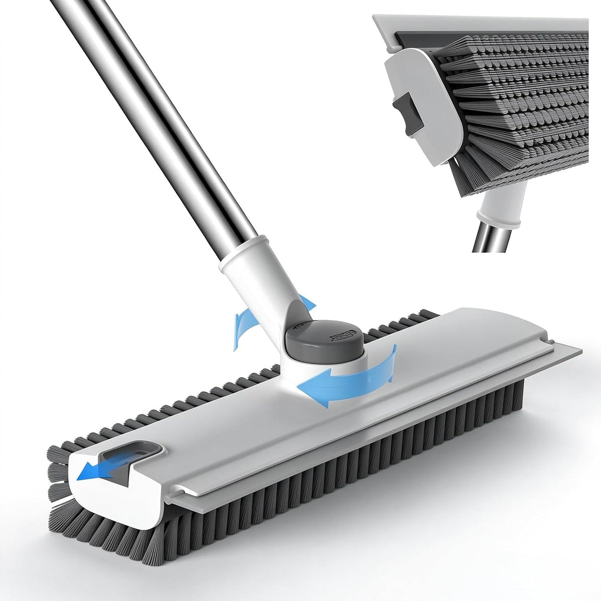 3 in 1 Floor Scrub Brush with 52" Long Handle, Heavy-Duty Stiff 90° Bristle Floor Scrubber, Shower Scrubber with Squeeze, Cleaning Brush for Bathroom Pool Garage Glass Tile Concrete White