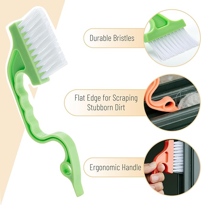 Slick- Window Track Cleaning Brush, 2 Pack, Orange/Green Ergonomic Handle, Built-in Scraper, Multipurpose, Window Track Cleaning Tools