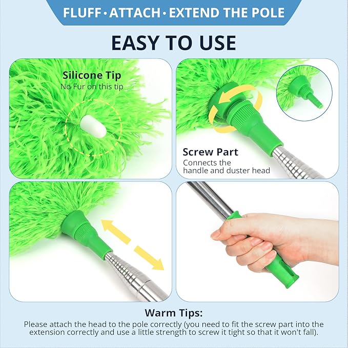 ZZ LAZYCOTTAGE Ceiling Fan Cleaner Duster, Microfiber Feather Duster with Adjustable 91.5" Telescopic Pole & Flexible Head, Extended Dusters for Ceiling Fan, Vents, Home, Blinds, Cars