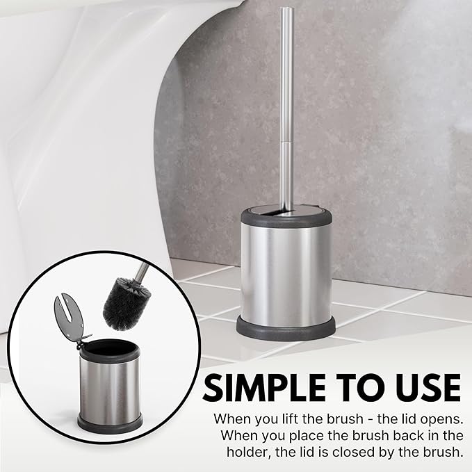 ToiletTree Products Toilet Brush with Lid - Sleek Toilet Bowl Brush and Holder - Toilet Scrubber Brush Set with Heavy-Weight Base - Lidded Toilet Bowl Cleaner Brush and Holder - Chrome (2 Pack)