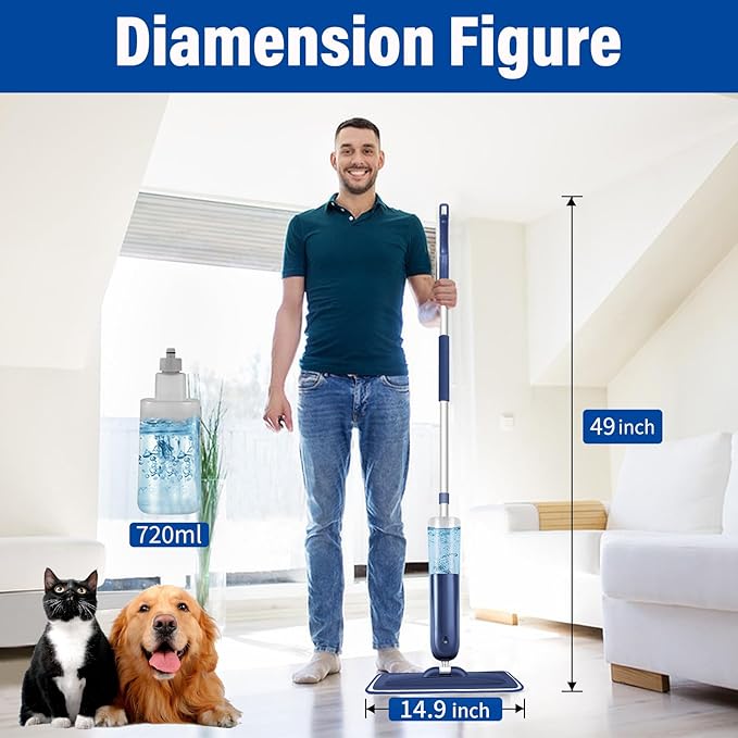 PowerMop for Floor Cleaning with 3 Washable Pads - Wet Dry Microfiber Mop with 720 ml Refillable Bottle for Kitchen Wood Floor Hardwood Laminate Ceramic Tiles Floors Dust Cleaning