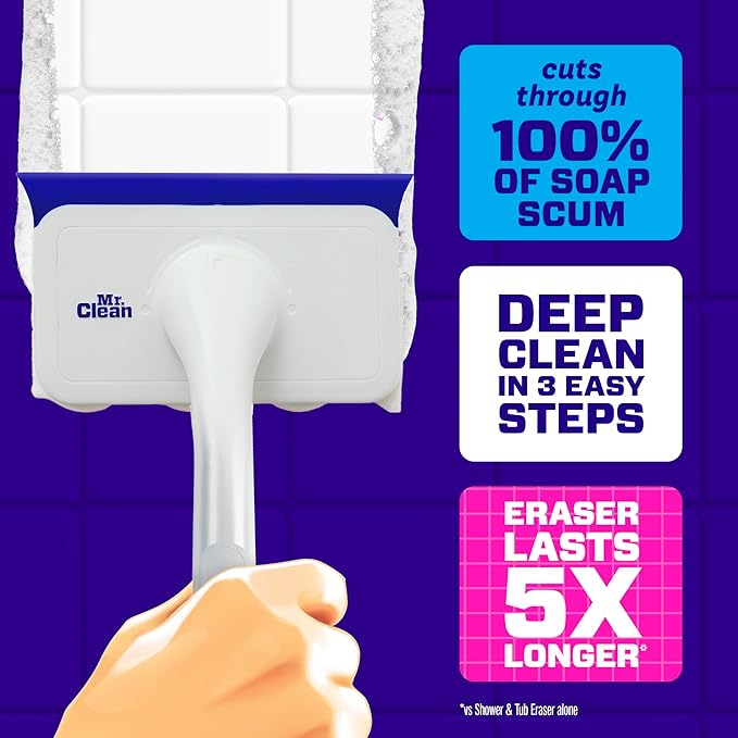 Mr. Clean Magic Eraser Shower & Tub Scrubber, Bathroom Cleaner, All in One Bathroom Cleaner, Lemon Starter Kit, 2 Scrubber, 5 Foaming Magic Erasers, 1 Whole Home Extra Durable Magic Eraser