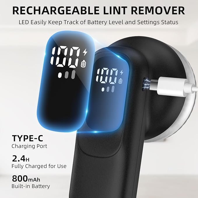 Fabric Shaver, Lint Remover Rechargeable with 3 Speeds, 6 Leaf Blades, Digital LED Display to Remove Fuzz Lint Balls for Clothes, Furniture, Sweater and Couch (Black)