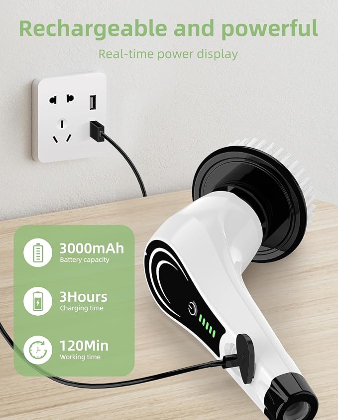 Electric Spin Scrubber, Cordless Floor Scrubber Machine with 7 Cleaning Pads & Telescopic Handle, Bathroom Scrubber for Cleaning Tile Grout Tub Shower Floor Window Carpet, White-rx2...