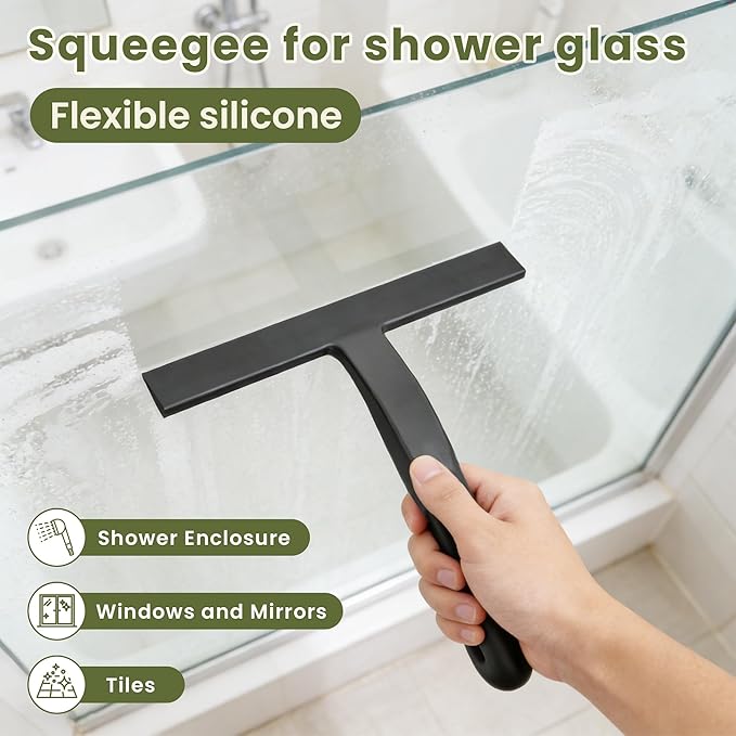 Shower Squeegee for Glass Doors - 10 Inch Ergonomic Round Grip, All-in-One Silicone Design with Built-in Hook Design for Easy Hanging, Efficient for Bathroom, Tile Wall, Car