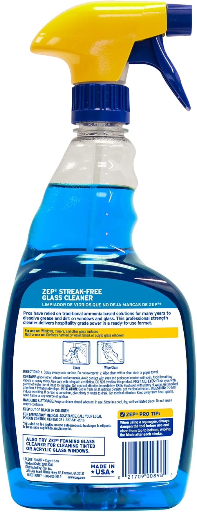 Zep Streak-Free Glass Cleaner - 32 Oz (Case of 4) ZU112032- Professional Grade Formula that Cleans Dirt, Fingerprints, Grime, Smoke Haze, and Toothpaste on Windows, Mirrors, and Other Glass Surfaces