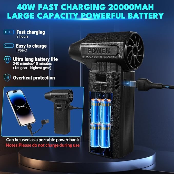Violent Turbo Fan, Electric Compressed Air Duster & Vacuum Cleaner, Portable Rechargeable Cordless Handheld Air Blower with LED Light & Power Bank for PC, Outdoor, House, Car, 20000mAh