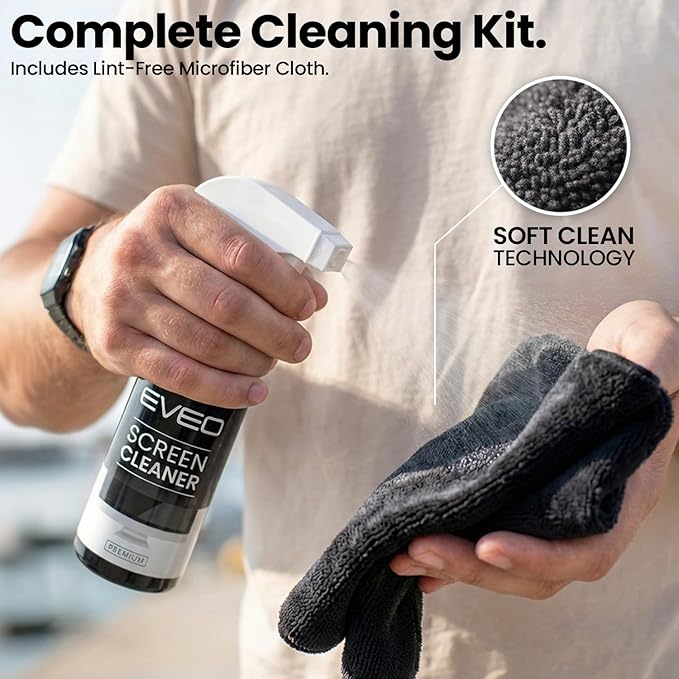 EVEO® Screen Cleaner Spray Kit (Streak-Free) TV Screen Cleaner for Smart TV, LCD, LED, OLED | Computer Screen Cleaner Spray and Wipe Microfiber Cloth - TV, Monitor, Laptop, iPad, Car - 6.7oz 4 Pack