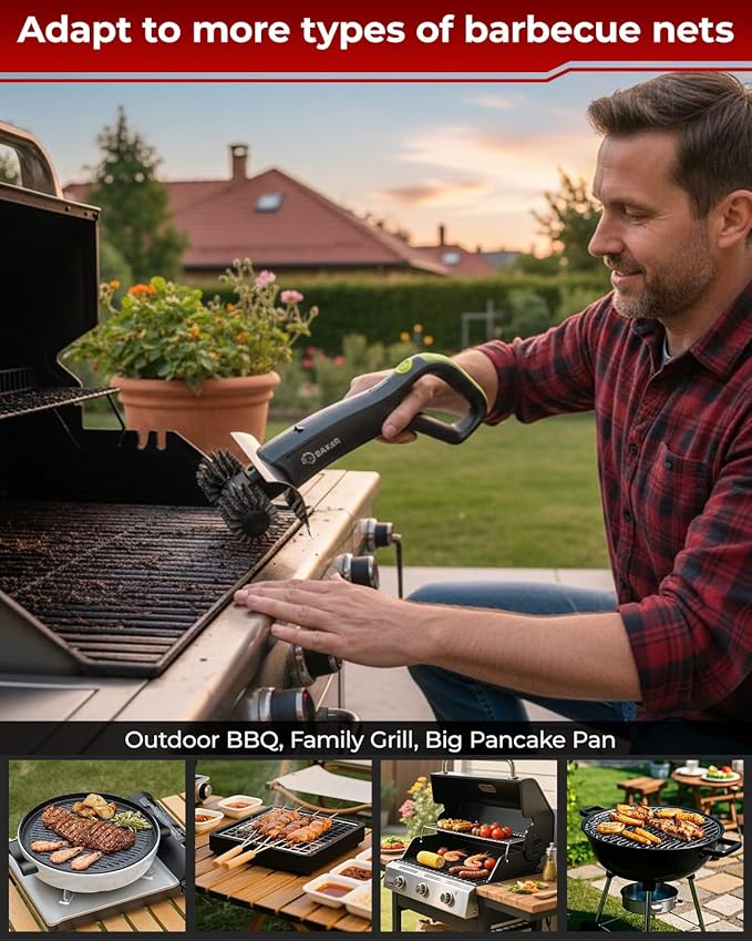 Saker Electric Grill Brush with 450 RPM & LED Light | Tangle-Free Grill Cleaning Brush with Durable Roller | Complete 8-Piece Brush & Scouring Pad Kit | Ideal Grilling Gift for Dad