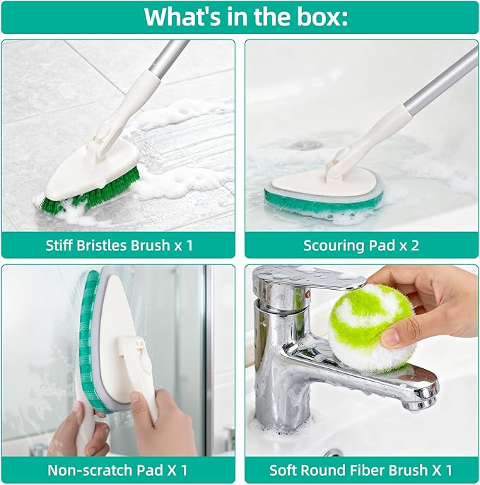 Qaestfy 4-in-1 Tub and Tile Shower Scrubber, 51'' Bathtub Cleaning Brush with Long Handle, Soft & Stiff Bristles Bathroom Scrub Brush, Non-Scratch Shower Cleaner Brush for Cleaning
