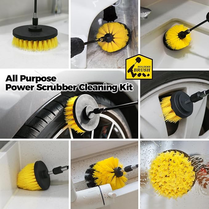 Holikme 4 Pack Drill Brush Attachments Set, Power Scrubber with Extend Long Attachment，Cleaning Supplies for Bathtub, Shower, Grout, Tile(Yellow)