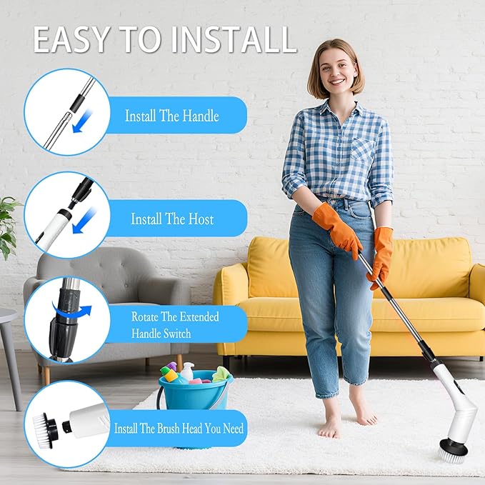 Spin Scrubber, 9-in-1 Multifunctional Electric Cleaning Brush with Detachable Handle, 9 Replaceable Brush Heads & LCD Display, Rechargeable for Bedroom, Bathroom, Kitchen, Car