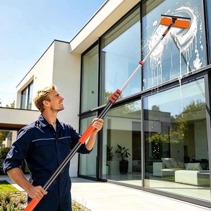 30FT Telescoping Window Squeegee Kit | 2-in-1 Professional Window Washer & Microfiber Scrubber with Extension Pole | High Reach Cleaning Tool for Outdoor, Indoor Windows & Glass