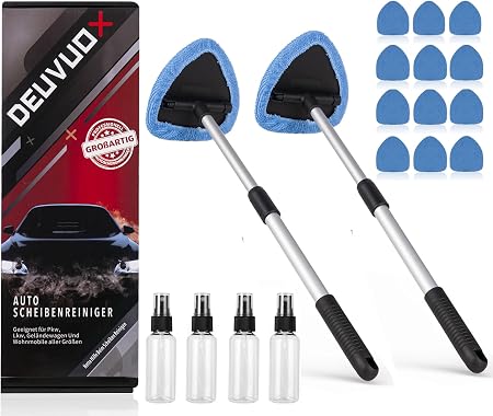 deuvuo 18 Pcs Windshield Cleaning Tool, Expandable Car Window Cleaner with 12 Reusable Microfiber Pads, 4 Spray Bottles,