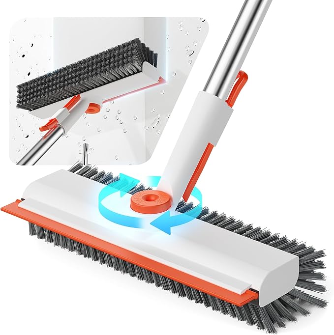 Floor Scrub Brush with Long Handle, 3 in 1 Scrape and Heavy-Duty Stiff Bristle Floor Scrubber Brush with Squeegee and Tweezer for Cleaning Tile Wall Deck (Orange and White)