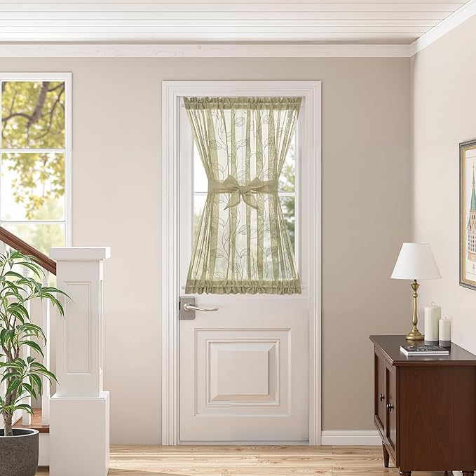 jinchan French Door Curtain Privacy Rustic Leaf Embroidered Semi Sheer Voile Front Curtain for Window Doorway Closet, Door Panel with Tieback Rod Pocket 1 Panel 55W x 40L Inch Sage Green