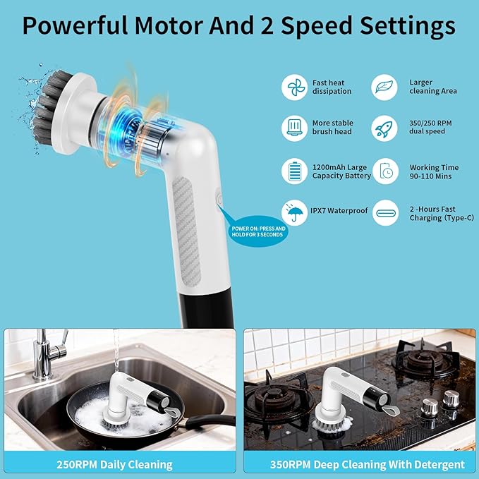 Electric Dish Scrubber, Mini Cordless Kitchen Cleaning Brush with 4 Replaceable Heads, 20W High-Torque Dual Speed, IPX7 Waterproof LED Display 90-120 Mins Runtime (ECB-S3)