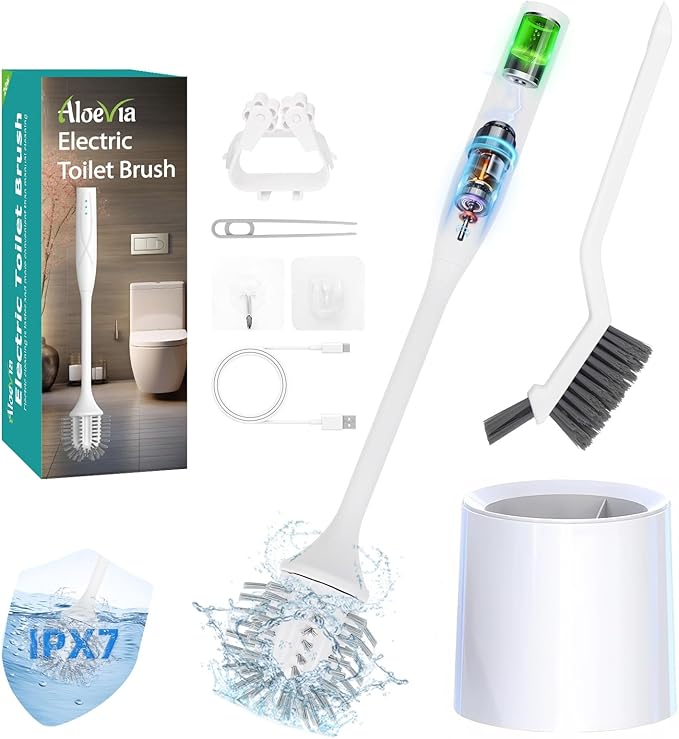 Electric Toilet Brush with Holder, Ultra Quiet & Powerful Scrubbing, IPX7 Waterproof Self-Cleaning Brush for Toilet/Bathtub/Grout, Cordless Spin Scrubber with 320RPM Turbo Power - White