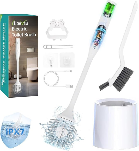 Electric Toilet Brush with Holder, Ultra Quiet & Powerful Scrubbing, IPX7 Waterproof Self-Cleaning Brush for Toilet/Bathtub/Grout, Cordless Spin Scrubber with 320RPM Turbo Power - White