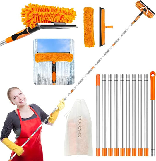Window Cleaning Tools Window Squeegee: 2 in 1 Double-Sided Professional Cleaner Window Washing Kit with Extension Pole 20+ Ft Duster for High Ceilings Microfiber Scrubber for Indoor Outdoor High Glass