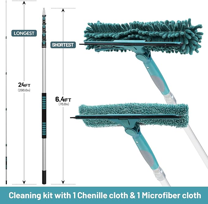TelesPro 30 Feet High Reach Window Squeegee with 6-24 Ft Extension Pole, Window Cleaner Tool with 5-Stage Telescoping Pole, Window Cleaning Kit with Rotatable Head (2 Squeegee & 2 Microfibre Cloths)