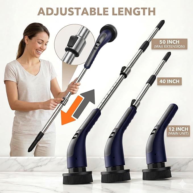 LIVINGPRO Electric Spin Scrubber with LCD Display, Cordless Cleaning Scrubber for Home, Upgraded 70W High-Power Motor, IPX7 Waterproof Dual Speed Power Scrubber, 7 Brush Heads, Extendable Long Handle