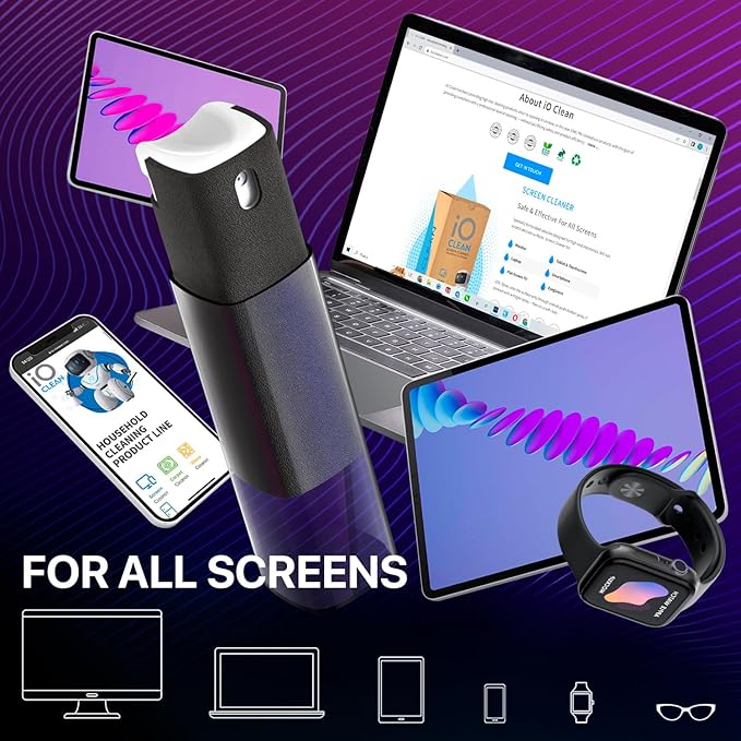 IO CLEAN Mini Screen Cleaner Spray – Finger Proof Screen Cleaner for Smartphones, iPads, MacBooks, Laptops, Car Screens, Touchscreens – 3 in1 Mist Cleaner, Microfiber Cloth and Protective Cover (Grey)