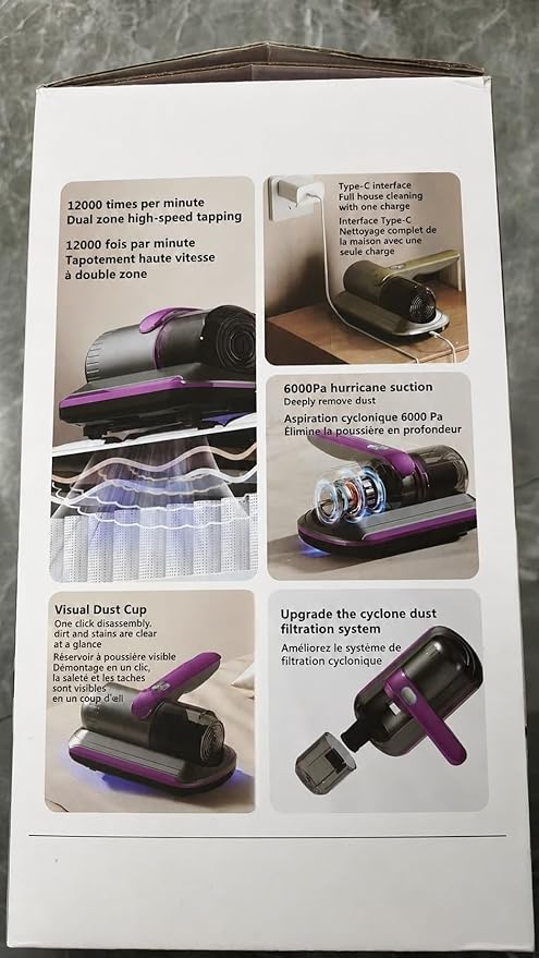 PATO Mattress Vacuum Cleaner, Wireless Handheld Bed Vacuum Cleaner with Cleaning Light, HEPA Filter and Ultrasonic Vibration, 12KPa, Suitable for Beds, Sofas, Car Seats, Carpets (Purple)