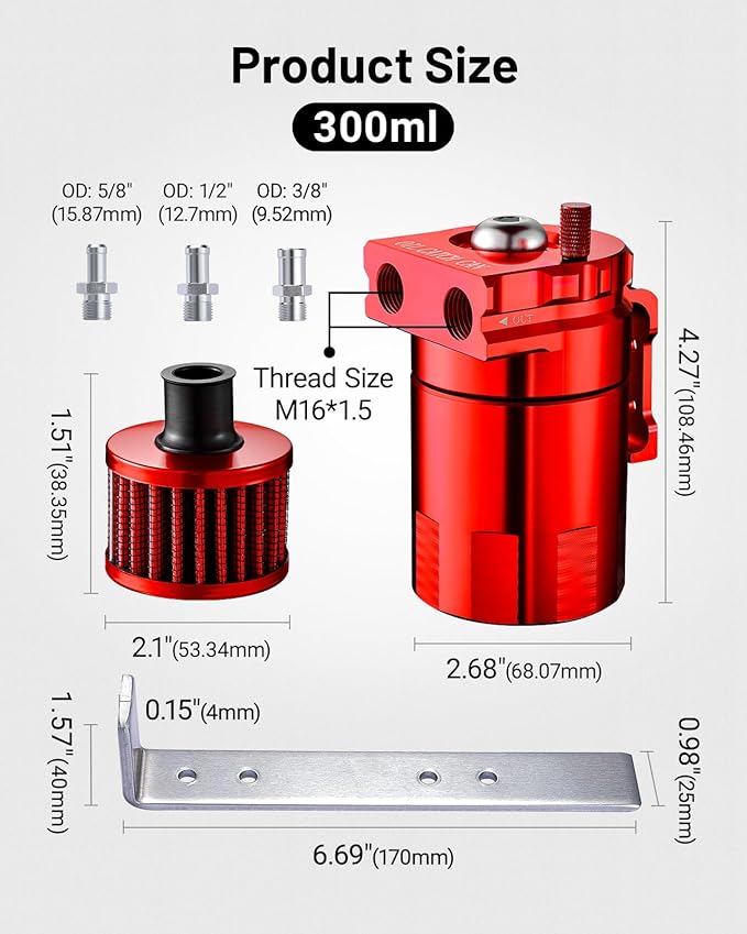 EVIL ENERGY Oil Catch Can, Universal Baffled Catch Can Kit with Breather Filter, 300ml Aluminum Air Oil Separator Tank NBR Fuel Hose Kits for PCV System Red