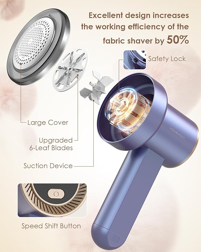Fabric Shaver Fuzz Remover Rechargeable, HOMEASY Electric Lint Remover Shaver with 3 Blades & LED Digital Display, Sweater Couch Fabric Pill Shaver for Sweater, Couch, Furniture (Purple)