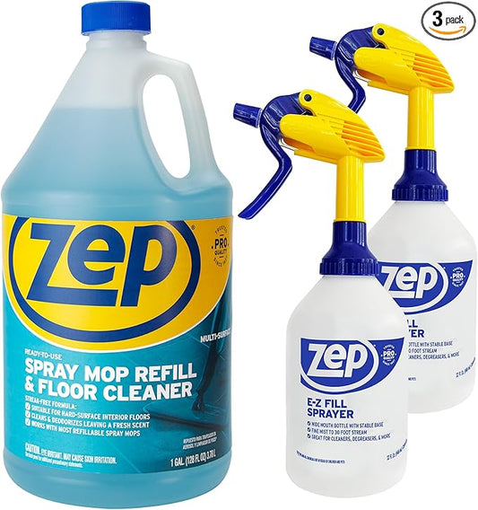 Zep Spray Mop Refill & Floor Cleaner – Streak-Free Shine for Hard Floors – 1 Gallon E-Z Fill Sprayer 2-Pack – Bundle